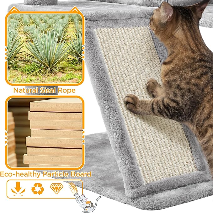 Yaheetech 57in Multi-Level Cat Tree for Large Cats, Luxurious Cat Activity Center with 2 Condos, 3 Jump Perches and Scratching Posts for Indoor Cats and Kittens, Light Gray