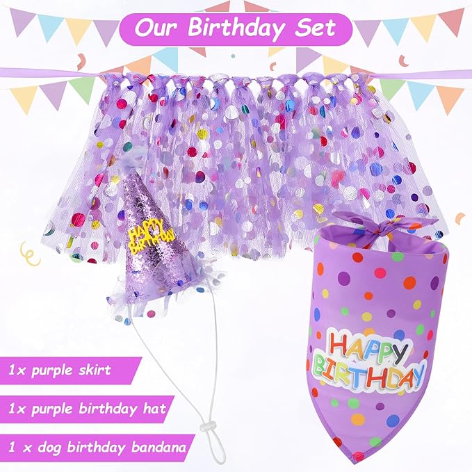 2 Pack Dog Birthday Dress Girl Dog Birthday Bandana with Hat and Dress Girl Set Puppy Party Supplies, Cute Tutu Skirt Outfit for Small Medium Large Dogs Decorations (Purple)