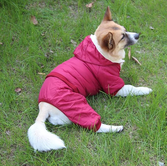 Fleece Lined Dog Coat with Detachable Hood and Detachable Hind Legs,Warm Puppy Jacket in Winter(Red XL)