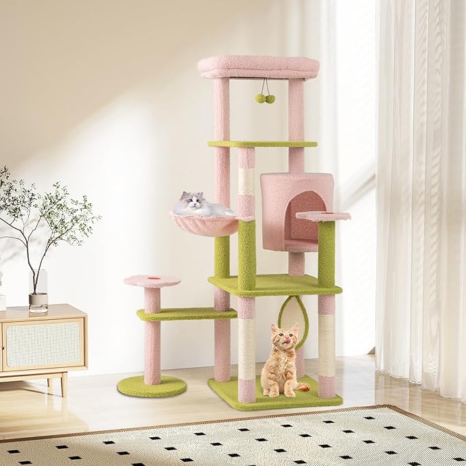 Tangkula Flower Cat Tree, 58 Inch Tall Cat Tower with Plush Padded Top Perch, Cat Condo, Hammock, Sisal Scratching Posts & Board, Dangling Balls, Indoor Pink Floral Cute Cat Tree