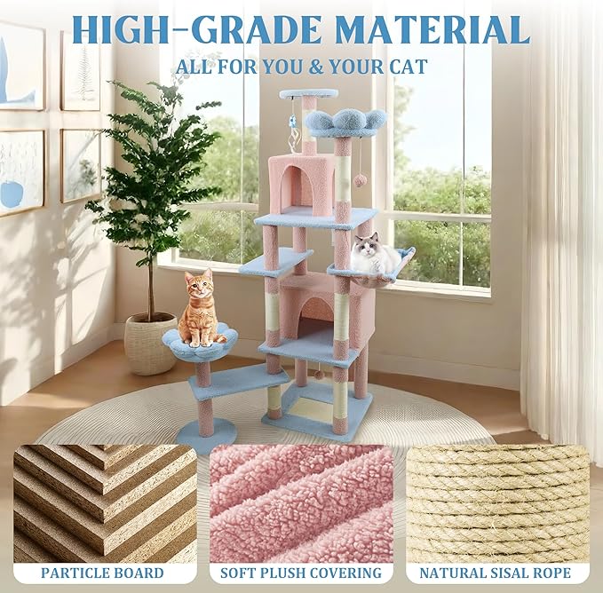 71-inch Flower Cat Tree, Large Cactus Cat Tree Tower Condo with Sisal Scratching Post, Cat Condos, Hammock, Removable Flower Cushion, Multi-Level Pet Activity Center, Pink (Blue)