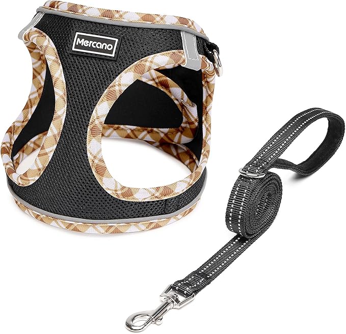 Mercano Soft Mesh Dog Harness and Leash Set, No-Chock Step-in Reflective Breathable Lightweight Easy Walk Vest Harnesses with Safety Buckle for Small Dogs, Cats (Black Yellow, XS)