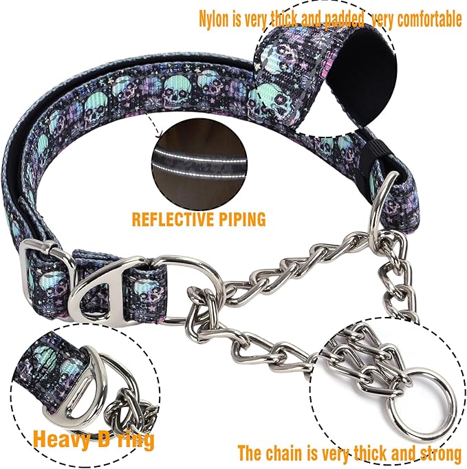 Martingale Dog Collar with Chain,Skull Reflective Nylon Soft Padded Adjustable Choke Collar for Large Breed Dogs, Medium, XL, XXL - Training & Walking Collar(Skull XL)