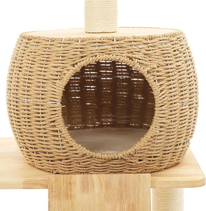 57 Inch Tall Cat Tree with Hammock & Condo, Multi-Level Cat Tower with Scratching Posts & Toys, 24" Width Natural Wood Cat Furniture with Sisal Rope, Cat Climbing Frame for Indoor Cats