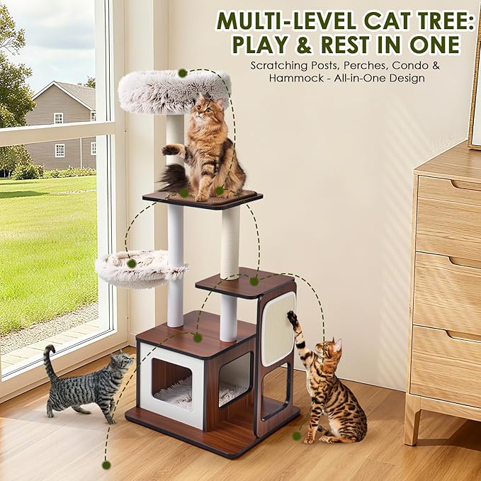 54-Inch Premium Multi-Level Modern Cat Tree & Tower - Unique Design Indoor Cat Condo with Scratching Posts, Hammock, Top Perch & Interactive Drop Ball Toy