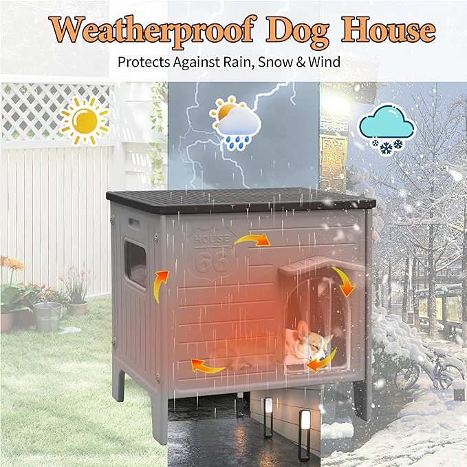Insulated Dog House Outdoor Weatherpoof Plastic Dogs Houses Indoor Waterproof Stray/Pet Dog Shelter Outside for Medium and Small Dogs