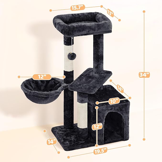 Yaheetech Cat Tree, 34in Cute Cat Tower for Indoor Cats, Multi-Level Pet Condo Furniture Activity Center Cat Bed w/Scratching Post&Dangling Ball&Platform for Kittens, Black