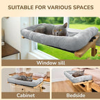 [Ready to Gift] PURRHOUSE Cat Window Perch with Cushion Bolster and Cool Pad, Cat Hammocks for Windows with Wood & Robust Metal Frame for Large Cats, Beds for Windowsill, Bedside and Cabinet,24''W