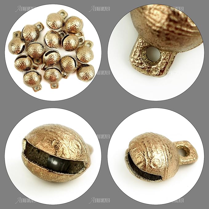 AUEAR, 30 Pack Antique Gold Bells Tibetan Brass Vintage Indian Charms Pendants for Pet Bell Dog Collar Crafting Home Door Decor