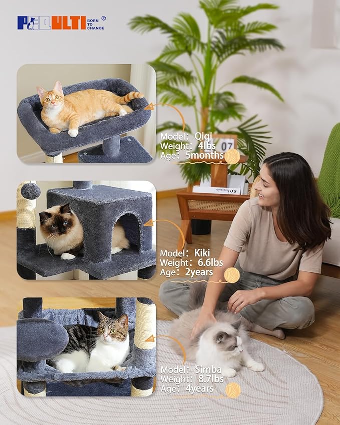 PEQULTI 45.7'' Cat Tree for Indoor Cats with Metal Frame Big Hammock, Cat Tower for Small or Medium Cats with Cat Condo House, with Scratching Posts and Top Perch, Dark Grey