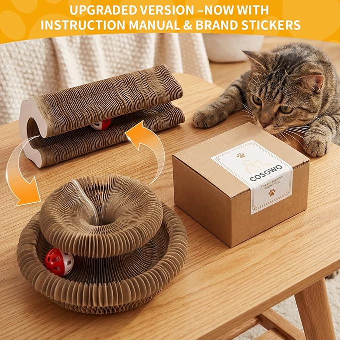 Magic Organ Cat Toy, Foldable & Reversible Accordion Scratching Board with Ball, Interactive Cardboard Cat Toy for Indoor Cats & Kittens, 1 Pack