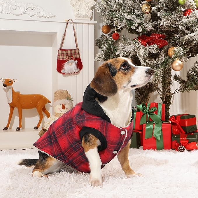 Fleece Lining Dog Hoodie for Medium Dogs Extra Warm Plaid Sweater with Drawstring Hooded Coats in Winter Puppy Jacket,Red L