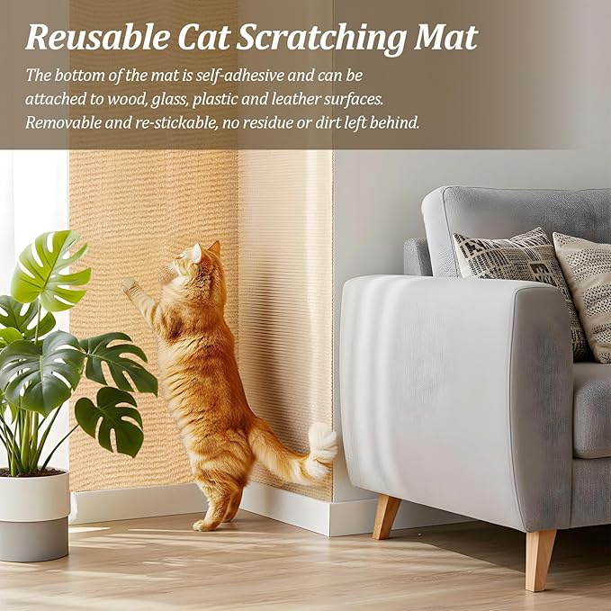 Cat Scratching Mat, Cats Scratch Furniture Protector Trimmable Self-Adhesive Carpet Mat DIY Cat Scratchers for Indoor Couch Wall Sofa Chair Cats Tree Shelves (118" x 15.75", Khaki)