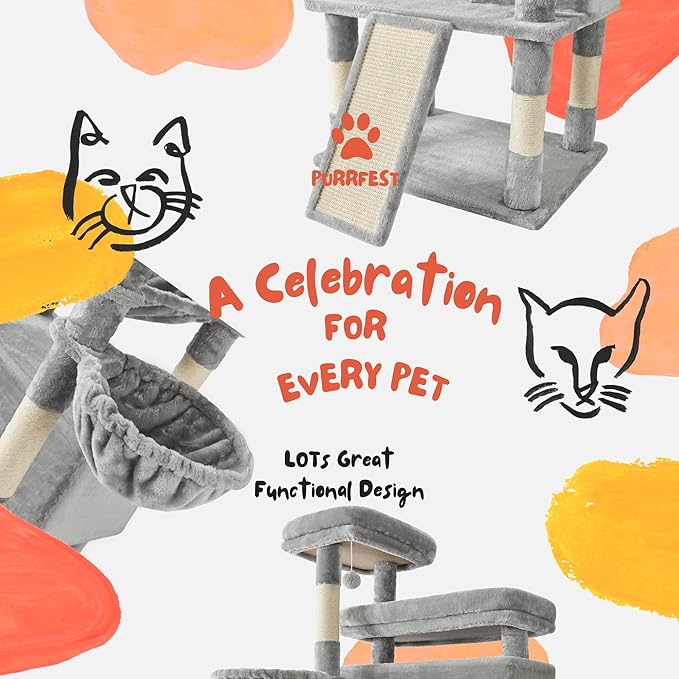 80 Inch Cat Tree, Large Cat Tower with 9 Scratching Posts, 2 Perches, 2 Caves, 2 Basket, 2 Stairs, Extra Large Hammock, Multi-Level Plush Cat Condo for Indoor Cats/Light Grey