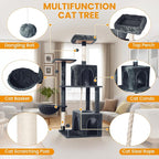 Cat Tree, 54-Inch Cat Tower for Indoor Cats,Plush Multi-Level Cat Condo with Scratching Posts, Basket, Perches,2 Caves,2 Pompoms(Dark Gray)
