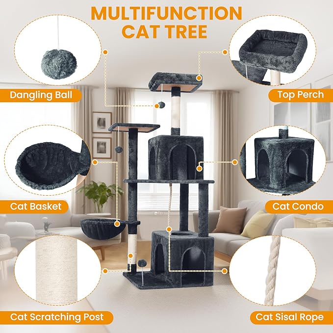 Cat Tree, 54-Inch Cat Tower for Indoor Cats,Plush Multi-Level Cat Condo with Scratching Posts, Basket, Perches,2 Caves,2 Pompoms(Dark Gray)