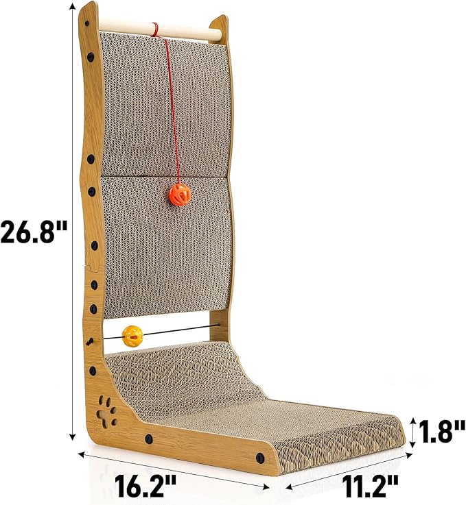 L Shape Cat Scratcher, 26.8" Vertical Cat Scratching Board with Ball Toy, Large Wall Mounted Curving Scratching Ramp, Tall Standing Cat Scratch Pad, Wall Furniture Protector for Indoor Cats