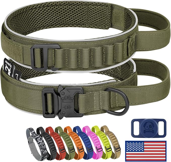 HYDEME Tactical Dog Collar, Alpine Loop Adjustable Military Training Nylon Dog Collars with Handle and Reflective for Small Medium Large Dogs, with Airtags Protective Case & Patches.(XL,OliveGreen)