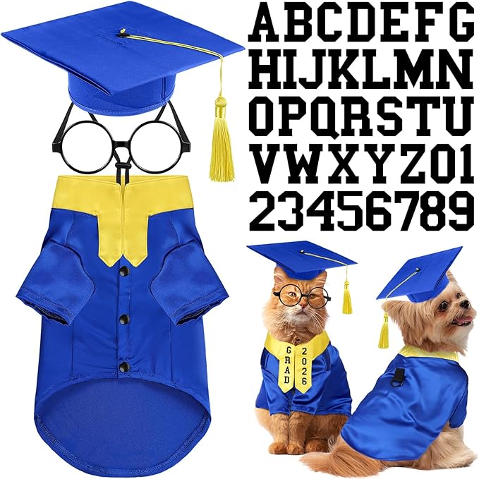 5 Pcs Dog Graduation Costume Set Include 2026 Pet Graduation Gown with Stole Puppy Grad Cap Lensless Glasses DIY Letter Stickers for Dogs Cats Holiday Costume Accessory(Blue Yellow,S)