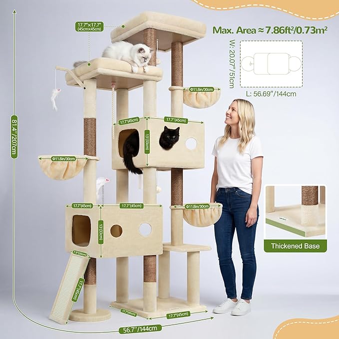 Globlazer 81" Cat Tree Tower for Large Cats, Heavy Duty Cat Tree for 6 Maine Coons & Ragdolls, Multi-Level Stable Activity Center with 3 Hammocks 7 Sisal Posts 2 Condos & Scratching Board, F81D, Beige