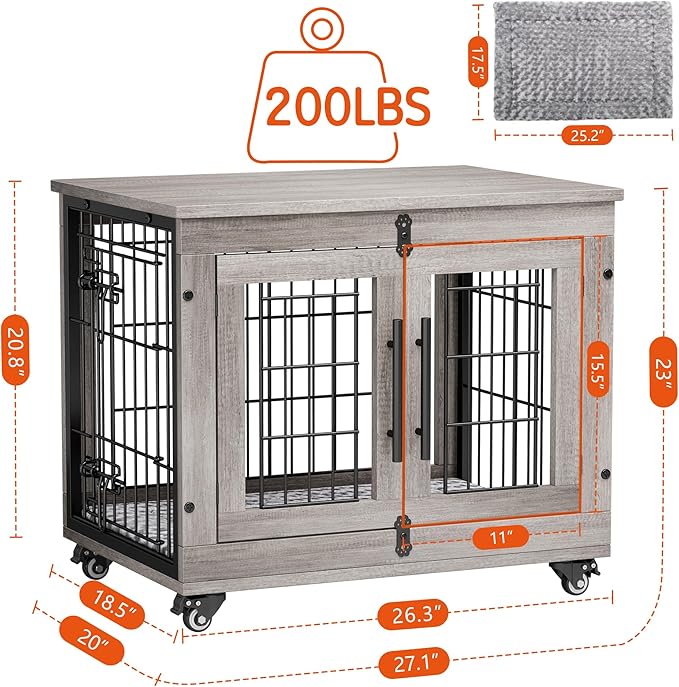 Lulive Small Dog Crate Furniture Set of 2, Dog Kennel Indoor Double Doors Wooden Dog Cage, 27'' Heavy Duty Dog Crate with Cushion & Wheels, End Table Pet House Chew-Resistant Up to 30 lb, Grey