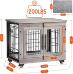 Lulive Small Dog Crate Furniture, Dog Kennel Indoor Double Doors Wooden Dog Cage, 27.1'' Heavy Duty Dog Crate with Cushion & Wheels, Decorative End Table Pet House Chew-Resistant for Small Dogs, Grey