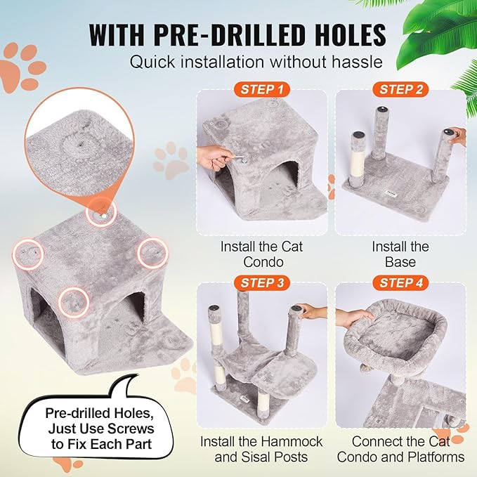 Multi-Level Cat Tree Tower with Sisal Scratching Posts, Plush Condo & Toys - Durable Cat Activity Center for Indoor Cats (Light Grey, 68.5)