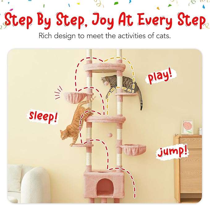 Pink Cat Tree, Floor to Ceiling Cat Tower Adjustable Height [92.9-102.4 in=235-258cm], 7 Tiers Cat Climbing Play House with Scratching Post, Cozy Condo & Hammocks for Indoor Cats