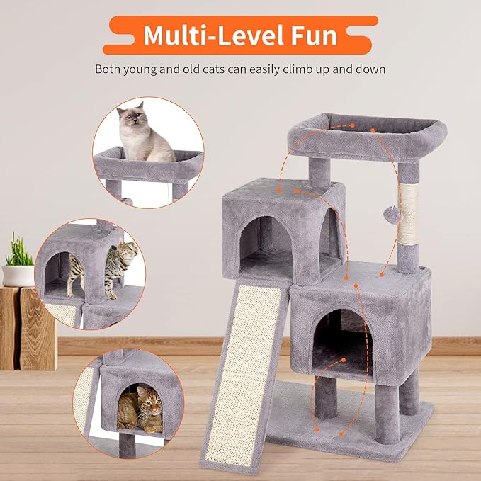 BestPet 36 inches Cat Tree for Indoor Cats Cat Tower with Scratching Posts Multi-Level Cat Furniture Condo with Ramp, Perch Spacious Cat Cave & Funny Toys for Kittens House (Ashy)
