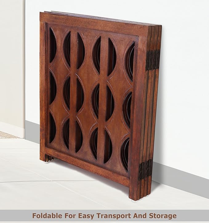 Wooden Foldable Pet Dog Safety Gate - 4 Panels Arc 20 W x 24 H- Hand Carved Solid Wood & MDF- Free Standing Portable Indoor Doorway Hall Stairs Puppy Fence -Fully Assembled- Cinnamon Brown -IRONGATE