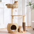 Modern Solid Wood Cat Tree Tower for Indoor Cats Large Adult, 38 inch Corner Cat Tree with Handmade Rattan Cat Bed, Luxury Aesthetic Cat Tree with Rattan Cave, Space Capsule, Groomer, Scratching Post