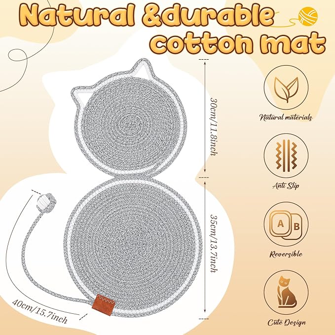 25.6 Inch Large Scratching Mat for Indoor Cats Natural Cotton Rope Flat Scratcher with Ear Hooks and Ball Toy Cat Scratch Rug Pad for Wall, Couch, Carpets, Sofas(Light Gray)