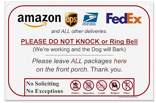 Leave Package Sign - Do Not Knock or Ring Doorbell, Dog Will Bark, 6" x 9" No Rust & Waterproof PVC, Will Not Scratch Hang Sign by SPRYZZLE
