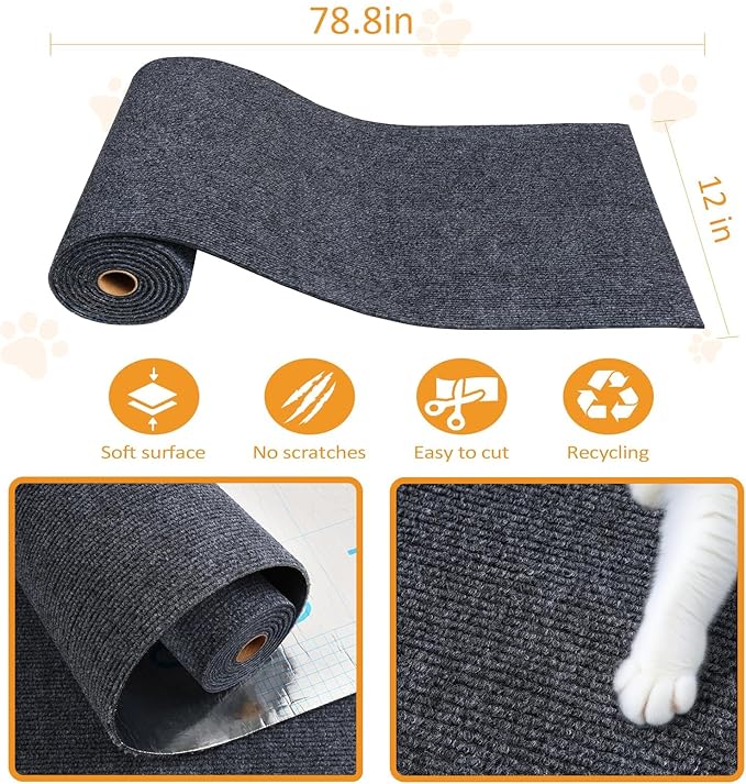 ReWallpaper Cat Scratch Mat Trimmable Sisal Textured Dark Grey Cat Carpet Scratching Post Self Adhesive Durable Claw Guard Pad for Sofa Chair Legs Desk Side Door Frame Furniture Protector 12in x 6.5ft