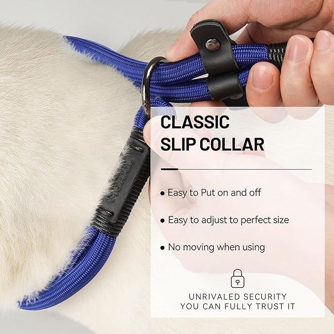 Slip Dog Collar, Nylon Rope Dog Choker Collars with Adjustable Stopper, Heavy Duty Collar for Medium Dog Training (Blue)