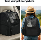 Amazon Basics Pet Backpack for Cats & Small Dogs, Collapsible Travel Carrier with Ventilated Mesh, Removable Pad, and Safety Leash, Black