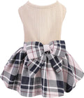 PUPTECK Classic Plaid Dog Dress Pet Apparel with Cute Bowtie Puppy Clothes Outfit,Cream,S