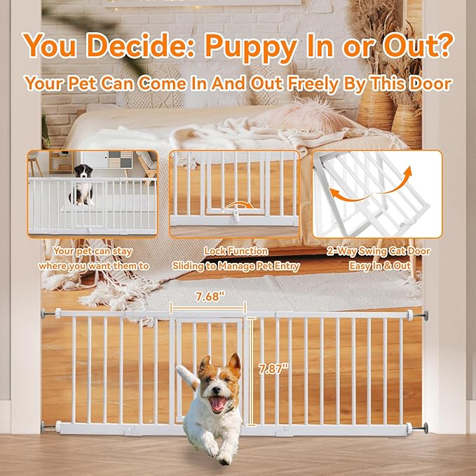 18" Height Short Dog Gate with Small Cat Door, Adjustable 18"-48" Extra Wide Pet Gate with 4 Extension Kits Pressure Mounted for Doorways and Stairs, White