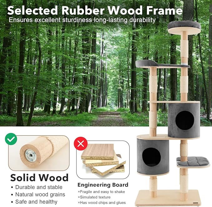 Tangkula 75 Inch Tall Cat Tree for Indoor Cats, Natural Solid Rubber Wood Cat Tower with Sisal Scratching Posts, Top Perch, Detachable Cat Condo, 6-Layer Modern Cat Trees and Towers for Large Cats