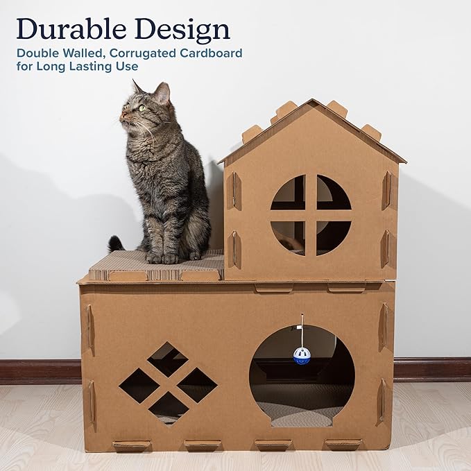 Cat House - Cardboard Cat House with Scratching Pads, Toys, and Catnip - Multi-Level Cat Houses for Indoor Cats, Kittens and Small Animals by PETMAKER