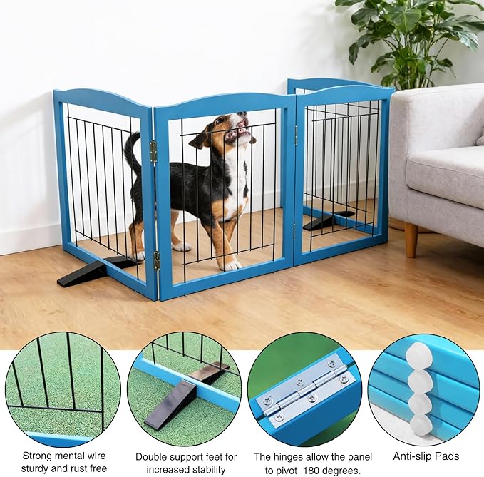 ZJSF Freestanding Dog Fence Indoor, Foldable Dog Gate for Doorways, Stairs or Hallways, Sturdy Wood Extra Wide Pet Gate with Support Feet for The House, Blue, 24 "Height-4 Panels