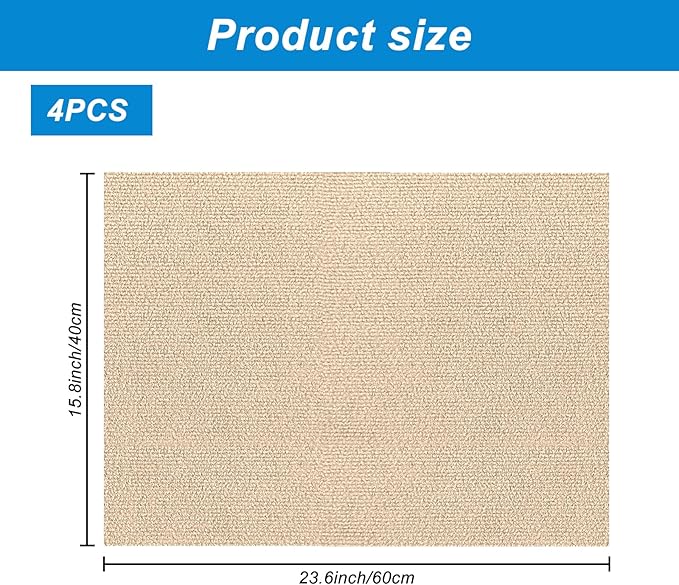 4 Pack Cat Scratch Mats 24”x16”, Self-Adhesive Trimmable Cat Scratching Post Carpet Cat Floor Scratching Pad Rug Cat Tree Replacement Parts Mat Cat Scratcher for Step Couch Furniture Protector(Beige)