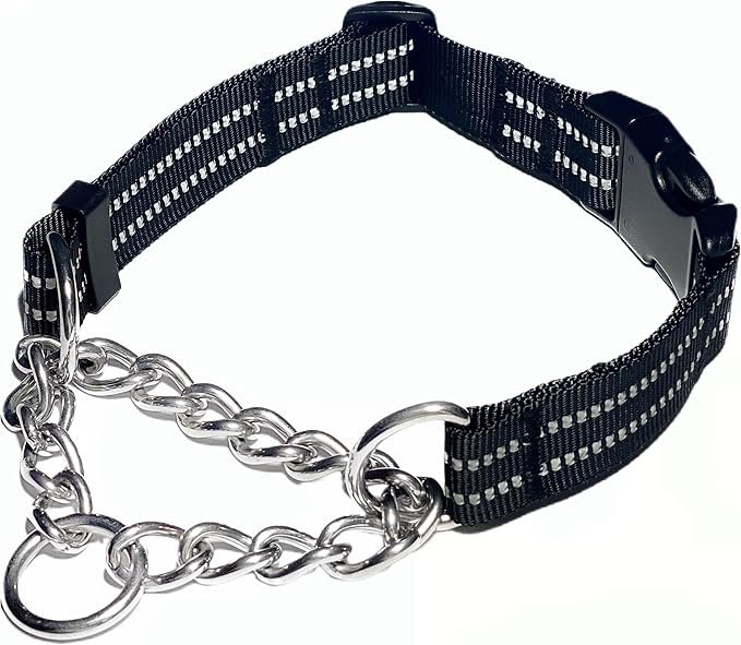 Martingale Collars for Dogs, Heavy Duty Stainless Steel Chain Training Collar, Reflective Nylon Adjustable Collar with Quick Release Buckle, Suitable for Puppy Medium Large Dogs((Black, XS)