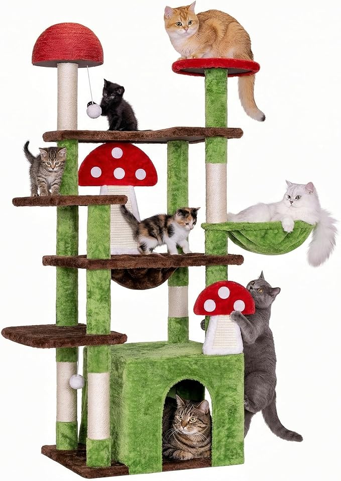 IRONCK Mushroom Cat Tree for Indoor Cats, 58" Multi-Level Cat Tower with Scratching Posts, Anti-Tip Extra Wide Base, Plush Cat Condo & Hammock Furniture for Cats, Easy Assembly