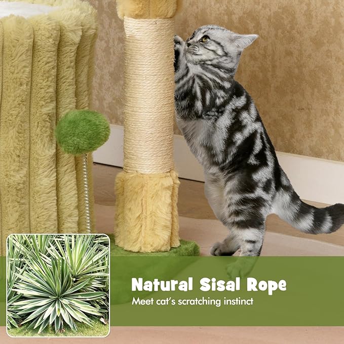 Tangkula Small Cat Tree, Green Cat Tower with Private Cat Condo, Plush Top Perch, Hanging Pompom & Spring Toy, Sisal Scratching Post, Cute Cat Climbing Tree for Indoor Cats