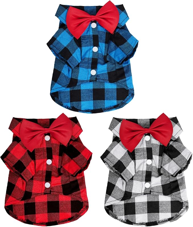 Tongcloud 3 Pack Plaid Puppy Cat Shirt Cute Dog Cat Shirts for Extra Small Dogs Cats Birthday Party Holiday Photos (Red, Blue & White, XXX-Large)