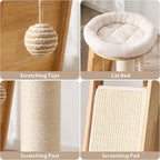 Modern Cat Tree Small Tower with Scratching Post for Indoor, Solid Wood Multifunctional Corner Cat Tree Tower with Bed, Dangling Ball,Interactive Rope, Scratching Board