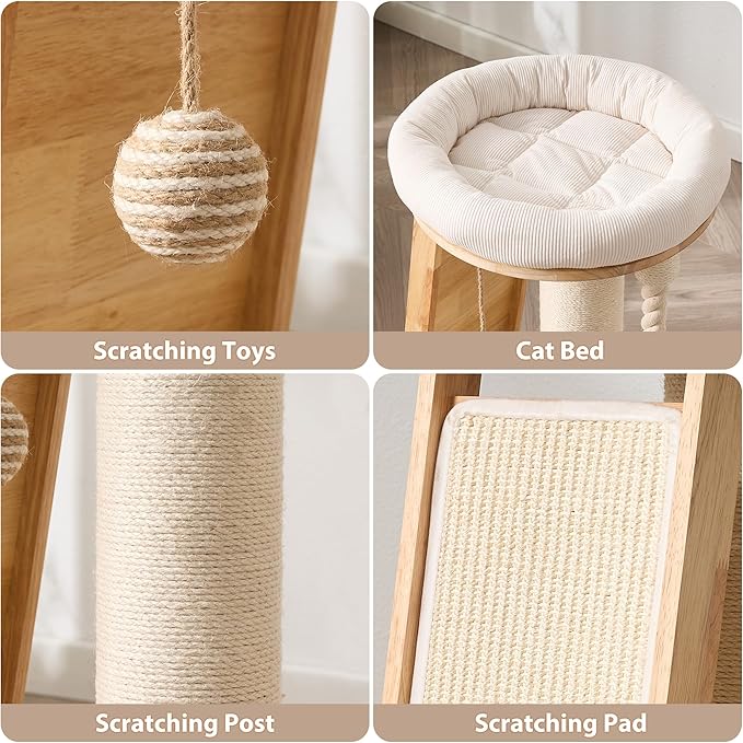 Modern Cat Tree Small Tower with Scratching Post for Indoor, Solid Wood Multifunctional Corner Cat Tree Tower with Bed, Dangling Ball,Interactive Rope, Scratching Board