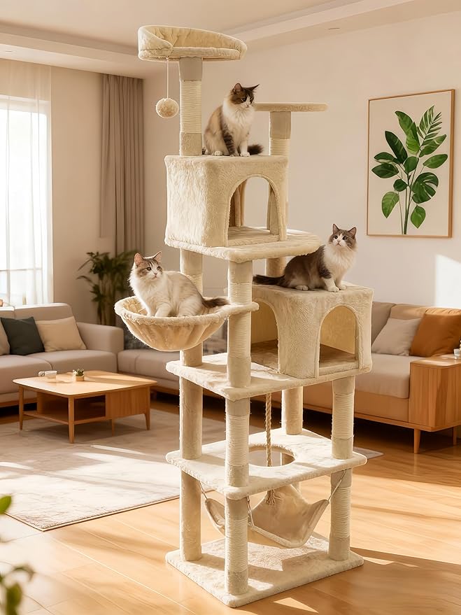 Cat Tree, 68-Inch Cat Tower for Indoor Cats, Plush Multi-Level Cat Condo with 7 Scratching Posts, 2 Perches, 2 Caves, Hammock (Beige)
