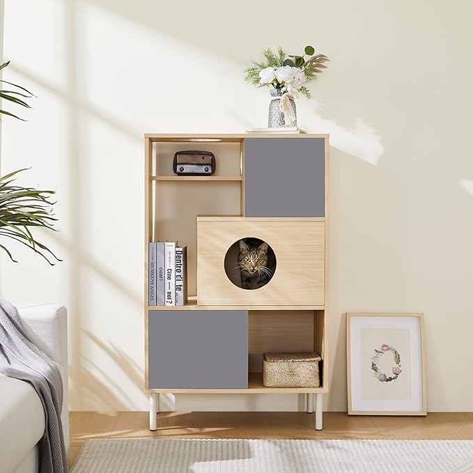 Cat Tree Bookcase with Door, Multifunctional Cabinet with Cats House, Metal Legs, Modern 3-Tier Storage Play Area, Natural Cat Tree Shelves, Indoor Pet Furniture